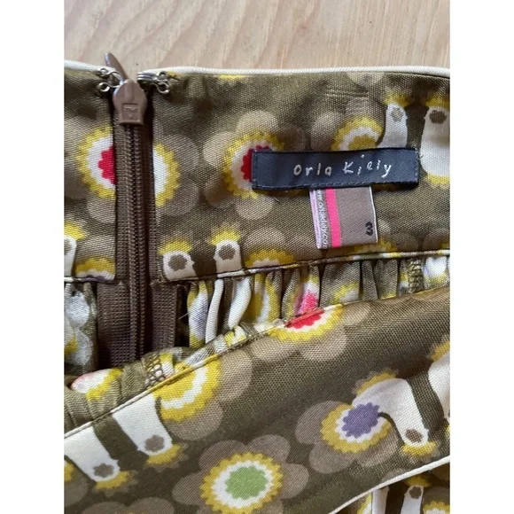 EUC Orla Kiely Colorful Birds Peacock Chicken Olive Green 100% Silk Twill Skirt﻿